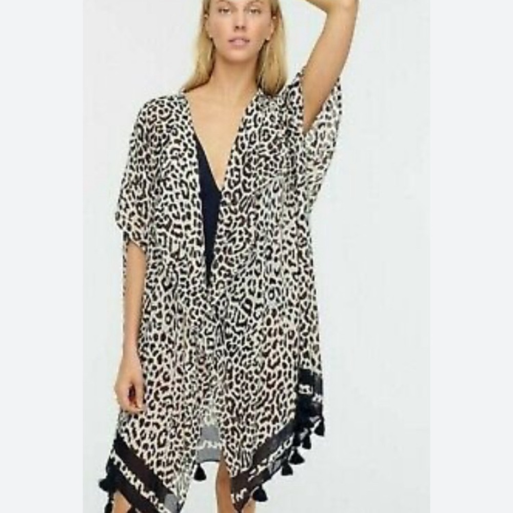 J Crew Leopard open front fringe detail kimono cape cardigan swim coverup SZ M/L - Picture 1 of 14